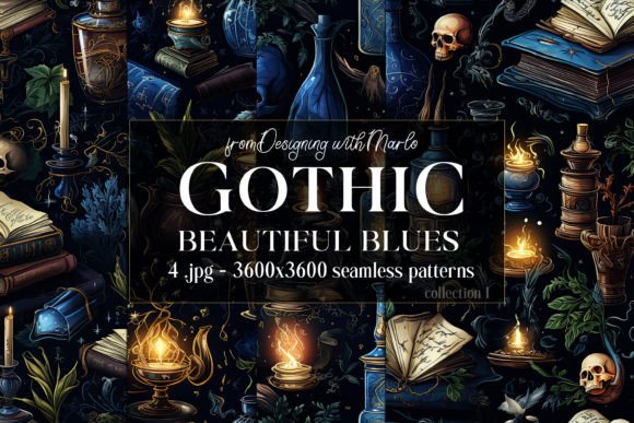 Gothic Wiccan Blue Seamless Patterns 1
