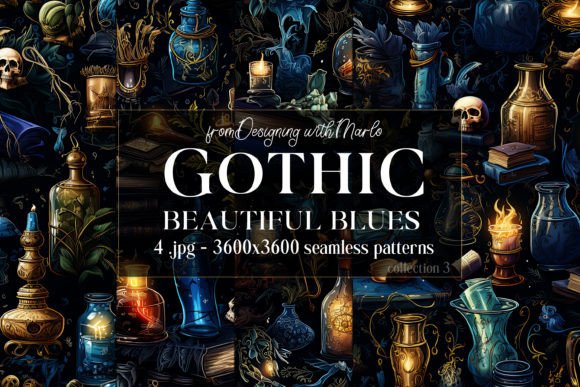 Gothic Wiccan Blue Seamless Patterns 3