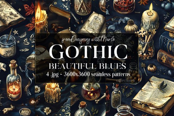 Gothic Wiccan Blue Seamless Patterns 6