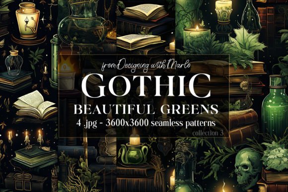 Gothic Wiccan Green Seamless Patterns 3