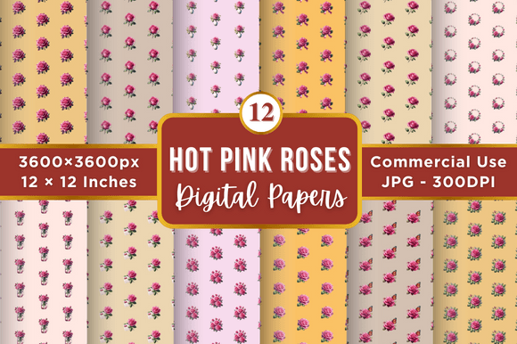 Hot Pink Roses Digital Paper Patterns for Bold Designs