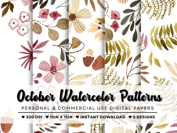 October Watercolor Floral Patterns for Premium Design