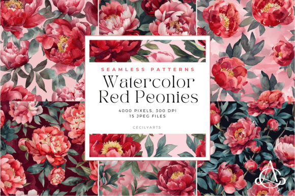 Watercolor Red Peonies Seamless Patterns